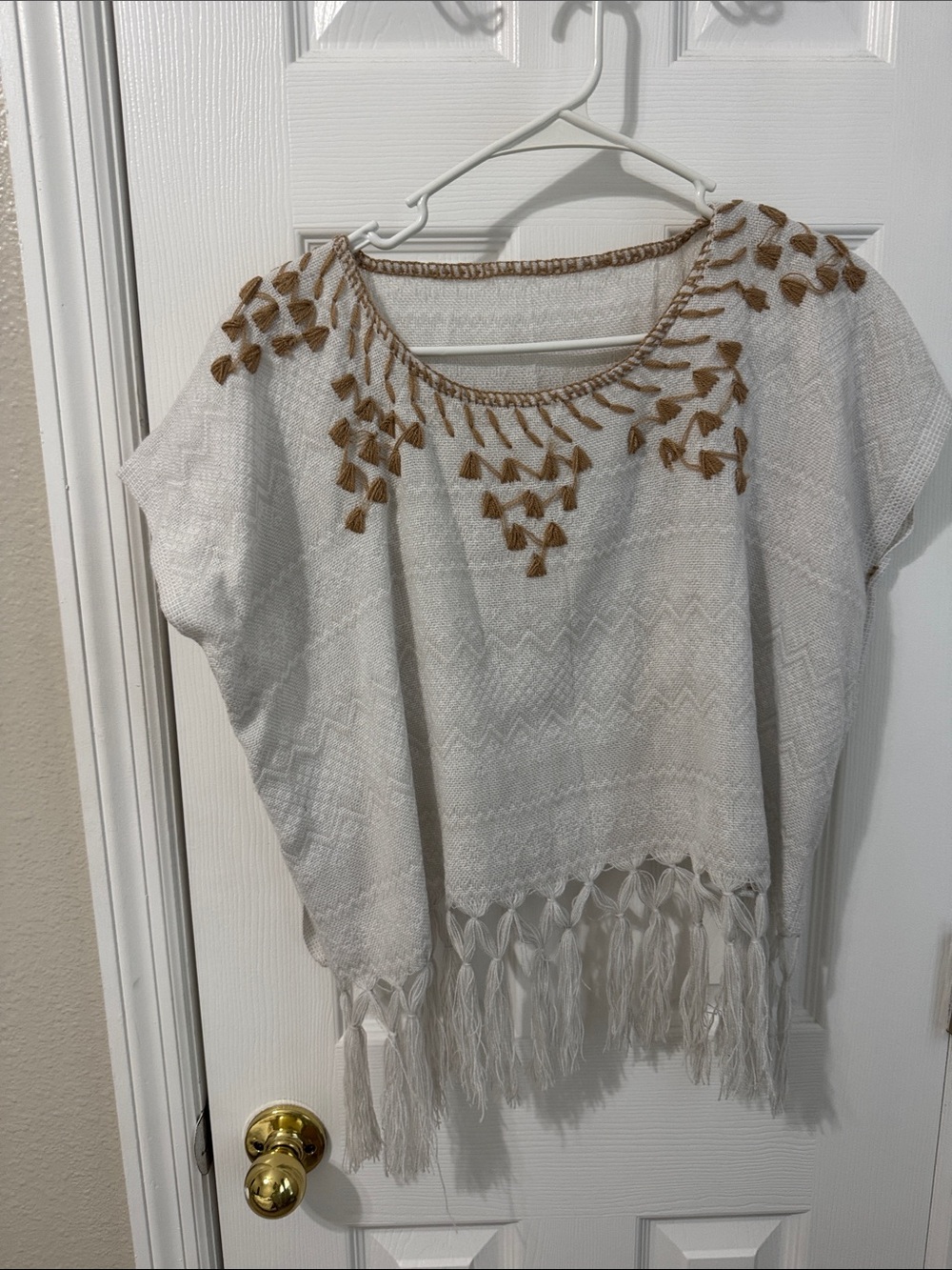Boho Cream Fringe Tassel Top with Brown Embroidered Detail
